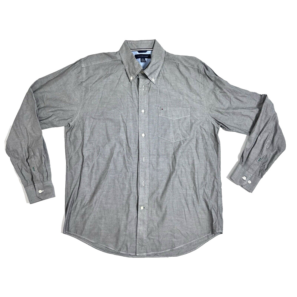 Tommy Hilfiger Men's Button Down Dress Shirt Gray 100% Cotton Size L